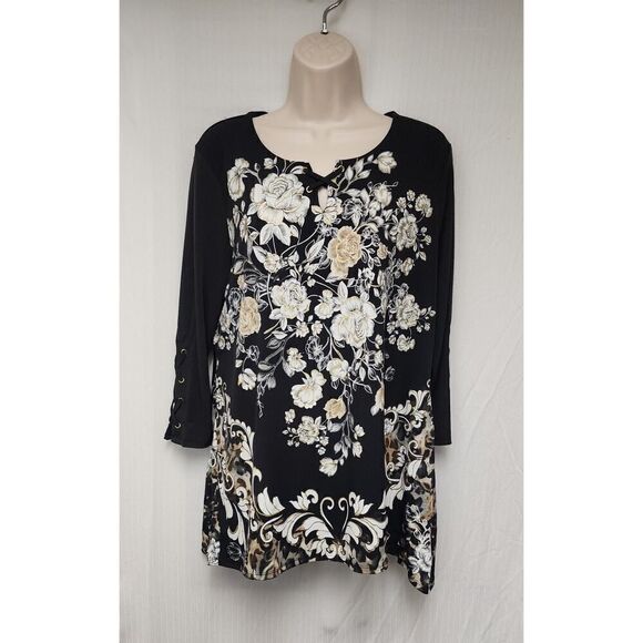 JM Collection Womens Round Neck Floral Tunic Blouse Black & Beige Size Medium - Picture 2 of 6